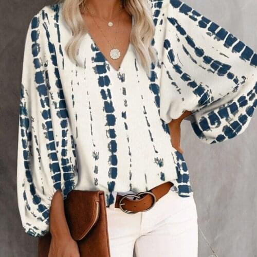 Womens Blouse Print Blouses Tops Womens Clothing 2021 Summer V-Neck Fancy Lantern Sleeve Shirt For Femme Blusas Mujer De Moda