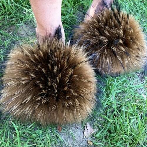 Womens Fox Leather Slippers Real Fur Slippers Womens Indoor Flip Flops Casual Raccoon Leather Sandals