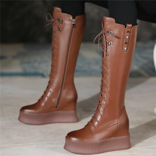 Thigh High Creepers Women Lace Up Genuine Leather Wedges High Heel Motorcycle Boots Female Round Toe Platform Pumps Casual Shoes