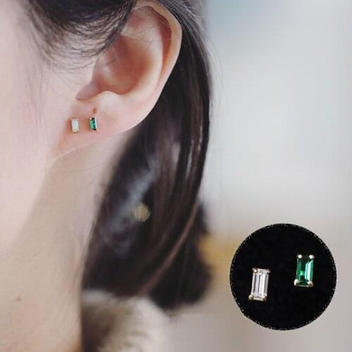 925 Sterling Silver Simple Green Square Crystal Stud Earrings Women Small Cute Wedding 14k Gold Plating Jewelry Girlfriend Gift