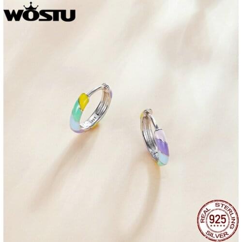 Wostu Classic Earrings Real 925 Sterling Silver For Women Colorful Circle Stud Earrings Simple Wedding Jewelry Gift DXE1085