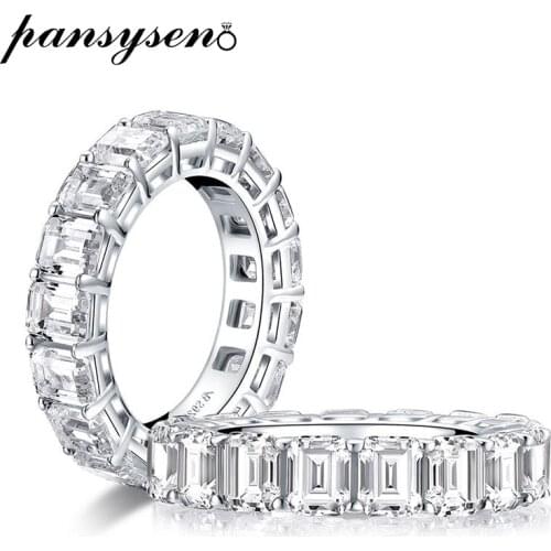 PANSYSEN 100% Real 925 Sterling Silver Emerald Cut Created Moissanite Diamond Engagement Wedding Rings Women Fine Jewelry Ring