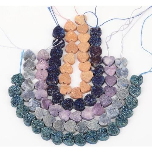 17PCS/Strand.12mm Middle Drilled Titanium Heart-Shape Natural Drusy Druzy Geode Spacer Beads Bracelet Craft Making XFX-162AMFJ