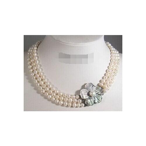 3 Rows Real White Pearl 18KWGP Shell Flower Clasp Necklace AAA