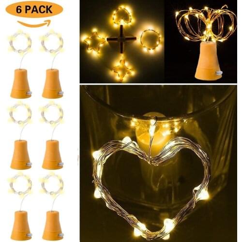 6pcs Solar Powered10 LED Night Fairy Waterproof Warm White Wine Bottle Lights String Romantic Cork Cap Starry String Lamp