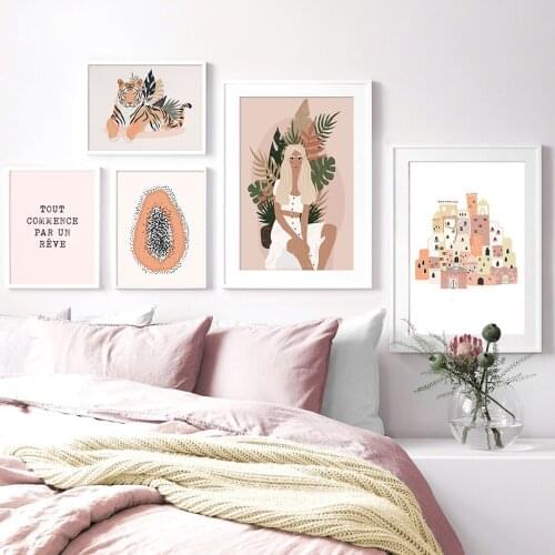 Abstract Girl House Papaya Bird Tigher Vintage Posters And Prints Wall Art Canvas Painting Wall Pictures For Living Room Decor