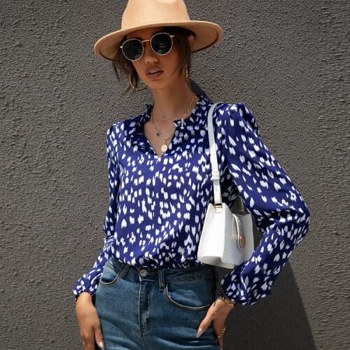 KHALEE YOSE Navy Leopard Shirt Blouse Long Sleeve Autumn Boho Vintage Blouse Shirt Chic Blouse Office Ladies Shirt Blouse 2021
