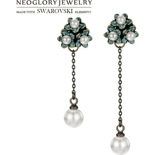 Neoglory Simulated Pearl & Enamel Long Drop Earrings Elegant Flower Design Exquisite Stylish Party Spring Lady Clothes Gift