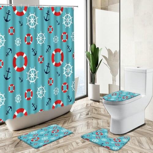 Cartoon Anchor Child Bathroom Shower Curtain Set Nautical Theme Creative Design Non-Slip Rug Toilet Lid Cover Flannel Bath Mat