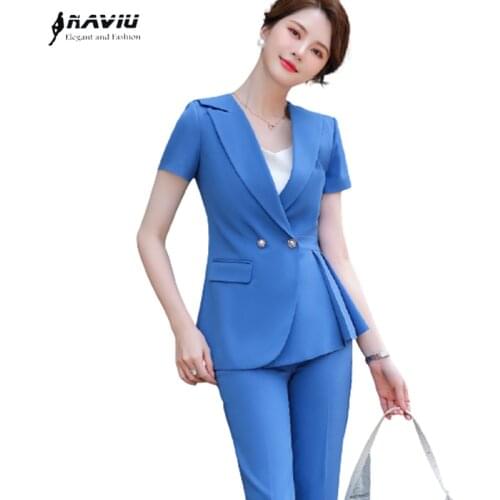 Naviu New Fashion High Quality Short Sleeve Pants Suit or Blazer For Women Summer Wear Office Lady Style Uniform