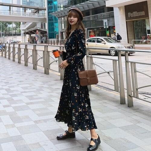 GOOHOJIO 2020 Fashionable O-neck Dress Women Floral Long Sleeve Midi Women Dress Autumn Vintage Chic Temperament Dress Ladies