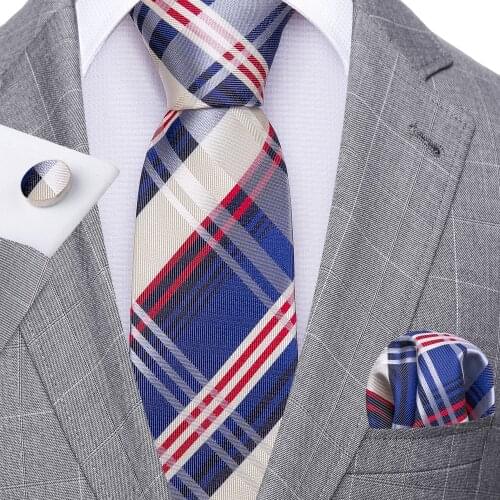 Fashion Blue Plaid Men Tie Set Silk Jacquard Necktie Wedding Business Handkerchief Cufflinks Tie Barry.Wang Designer FA-5344