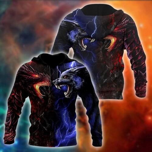 Red and blue dragon and wolf 3D Printed Fashion Mens Autumn Hoodie Sweatshirt Unisex Streetwear Casual Zip Jacket Pullover KJ497