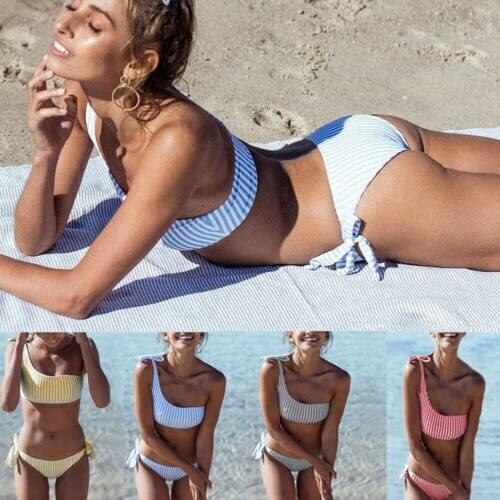 2020 New Ladies Swimwear Striped Women Bikinis Set Bandeau One Shoulder Bandage Push Up Padded Bikinis Swimsuits