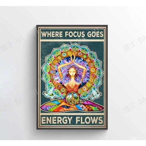 Yoga Poster - Where Focus Goes Energy Flows Poster, Vintage Yoga Girl Wall Art, Namaste Chakra Poster, Hippie Soul Print