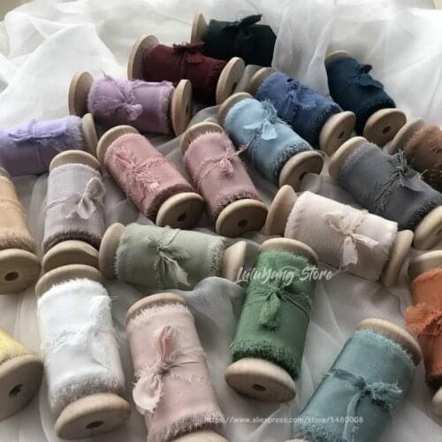 Handmade Wedding Silk Ribbons Embroidery Frayed Edges On Wooden Spool Decorative Invitation Bouquet Flower Wrapping Natural Tape