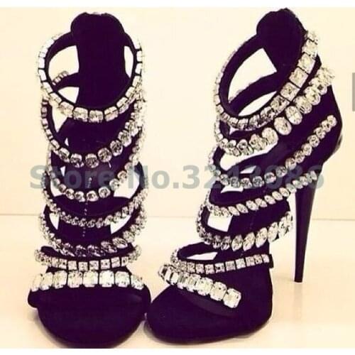 Bling Bling crystal Narrow Band Black Suede Thin High Heels Sandals Glittering Jewelry Rivet Gladiator Banquet Shoes
