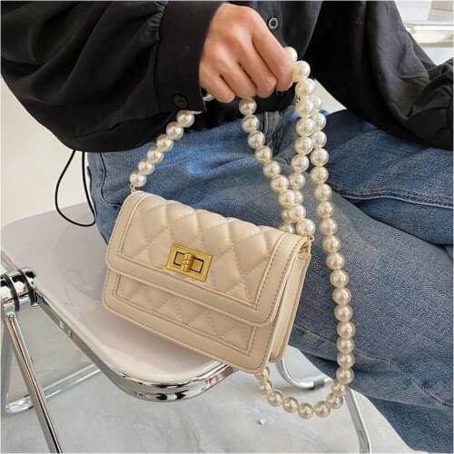Textured Western Bag 2021new Trendy Gentle Style Rhombus Handbags Pearl Chain One-shoulder Small Square Bag Summer Messenger Bag
