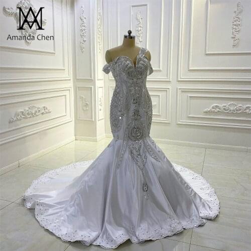Abendkleider Off Shoulder Lace Applique Rhinestone Crystal Mermaid Pure White Wedding Dress