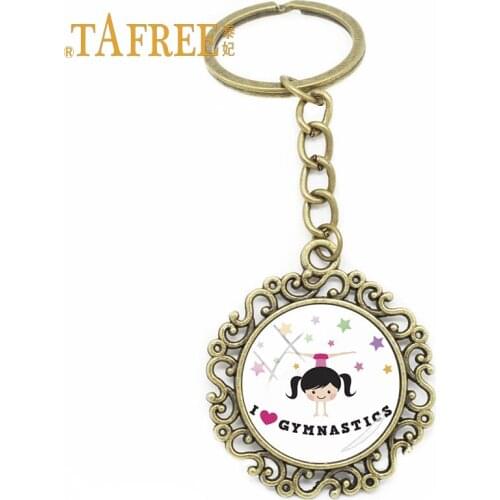 TAFREE Cartoon Cute Gymnast Antique Bronze Plated Hollow Key Chain Handmade Glass Gymnastic star KeyRing Accessory Jewelry SP131
