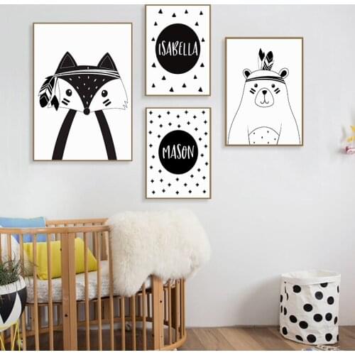 Trible Fox Bear Poster Print Cartoon Canvas Painting Custom Name Paintings Black Wall Art Pictures New Baby Gift Kids Room Decor