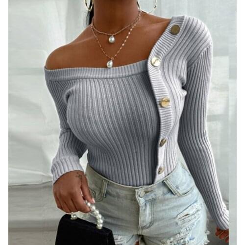 Spring And Autumn Ribbed Stripe Women Slim Sweater Sexy Button Long Sleeve Pullover Multicolor Crew Neck Knitwear Sweaters 2021