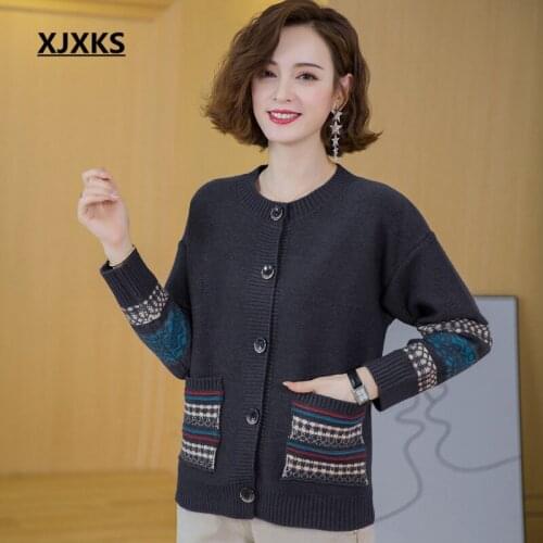 XJXKS Fashion with pockets women knitted jacket 2020 autumn winter new high-quality cashmere knitted sweater women cardigan