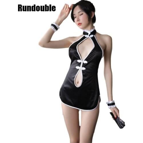 Women Black Bandage Split Sexy Underwear Hollow Out Halter Lingerie Bodysuit Qipao Chinese Cheongsam Dresses Nightclub Uniform
