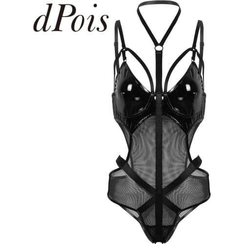 Women Patent Leather Sexy One-piece Mesh Patchwork Lingerie Halter Neck Adjustable Straps Cut Out Waist Leotard Bodysuit Female