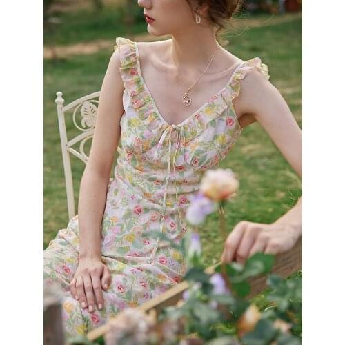 2021 New Summer Dress Women CHIC Sling dress Ruffles V neck Backless sexy Print long Dresses Female vestido de mujer