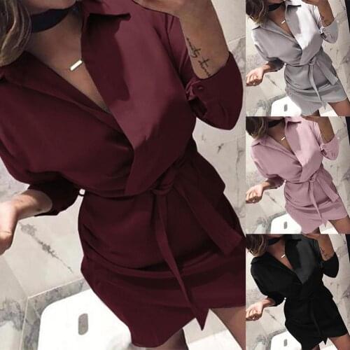 2019 Fashion Hot Womens Dress Autumn Solid Color Women Long Sleeve Turn-Down Collar Belted Shirt Casual Mini Dress