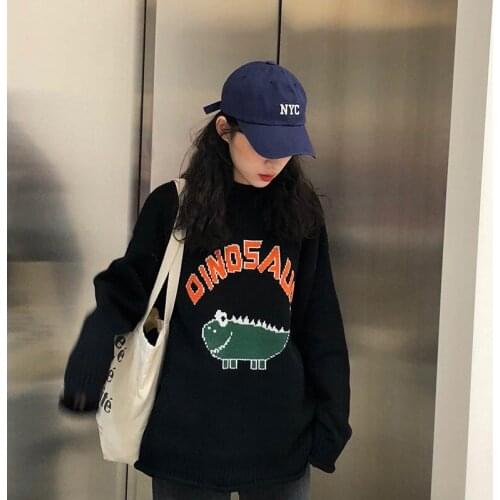 Dinosaur Winter Fashion Vintage Women Sweater Harajuku Letter Print O-neck Pullover Long Sleeve Loose Knitted Oversize Female