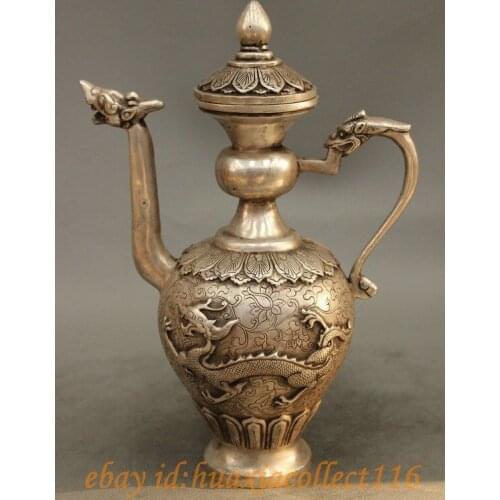 10" Folk China Chinese Silver Buddhism Dragon Head Statue Flower Wine Pot Teapot Medicine copper Decoration real Brass Bronze