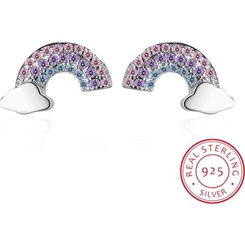 100% 925 Solid Real Sterling Silver Jewelry Colorful CZ Rainbow Cloud Stud Earring Women Friend Girl Lady
