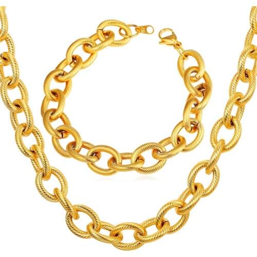 2016 Men Necklace Bracelet Set Hiphop Stainless Steel Set For Men Gold color Black Gun color Aluminum Chains S2151G