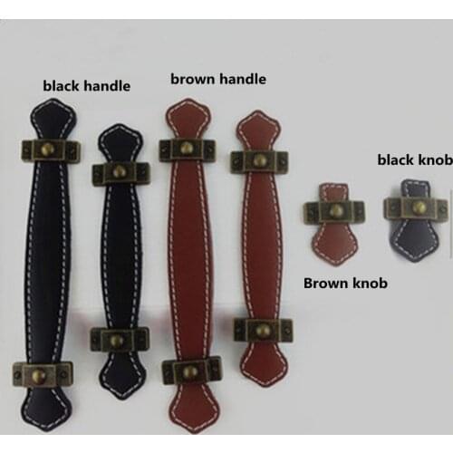 96mm 128mm retro style box bag leather pulls brown black kitchen cabinet drawer dresser real leather safe handle knob pull
