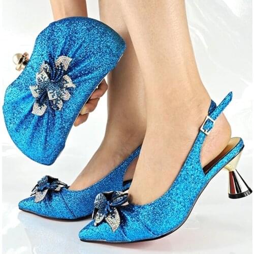 African Fashion 2021 Hot Sellingl Italian Design Sky Blue Color Party Elegant Ladies Shoes and Bag Set Decorated With Flower
