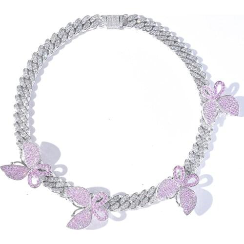 AAA+ CZ Stone Pave Bling Ice Out 4pcs Butterfly Setting Cuban Miami Chain Chokers Necklaces for Men Women Hip Hop Rapper Jewelry