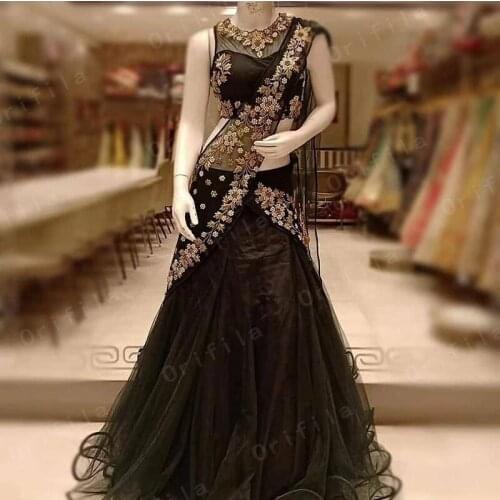 Two Pieces Black Embroidery Prom Dress Sheer Neck Sleeveless Arabic India Evening Party Gowns Wedding Guest Dress