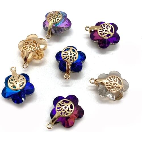 14x16mm Blossom Colorful Rainbow Glass Crystal Flower Pendant Brown Gold Plating Tree Charm for DIY Jewelry Making ACC Wholesale