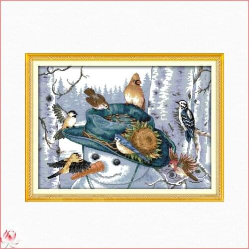 The Snowman With The Bird Cross Stitch Animal Embroidery Kit 11CT 14CT Count Printed Fabric Needlework Full Set DIY Sewing Gift