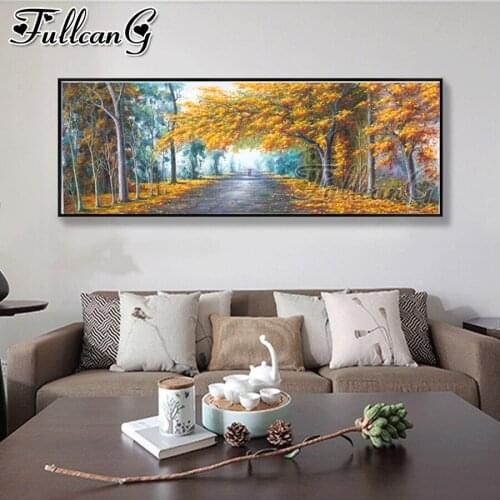 FULLCANG Autumn golden tree leaves landscape diy 5d full diamond embroidery large mosaic canvas painting sale decoration FC3103
