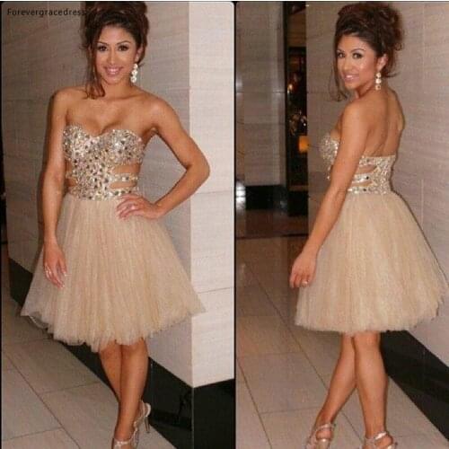 Short Summer Champagne Prom Dress A-Line Beaded Shiny Crystal Sweet 15 Cocktail Party Dress Plus Size Custom Made