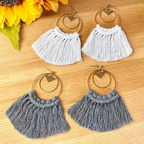 Layered Geometric Metal Line Circle Triangle Knitted Long Fan Fringe Tassel Earrings for Women 2021 New Bohemian Style Jewelry