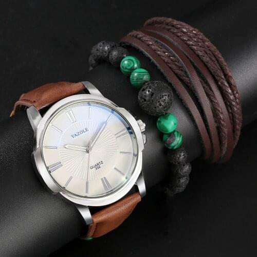 Fashion Male Gift Set Brown Quartz Minimalist Dial Watch Clock Exquisite Adjustable Mens Bracelets Birthday Gift Box for Father