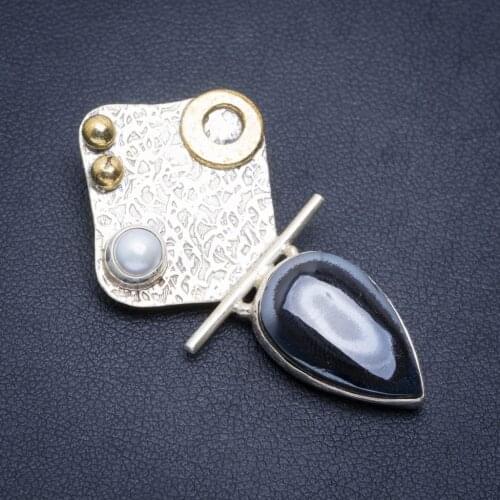 Natural Iron Tiger Eye and River Pearl Handmade Unique 925 Sterling Silver Pendant 1.75" A1982