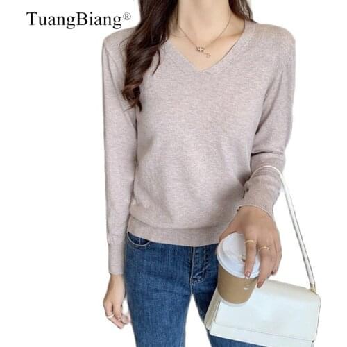 TuangBiang 2021 Autumn V-Neck Drop-Shoulder Jumper Knitted Long Sleeve Women Pullover Bottoming Shirt Solid Color Khaki Sweaters