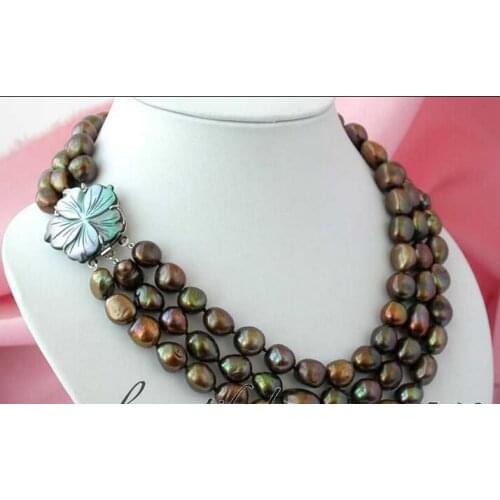 FREE shipping>>>>3row 9-11mm baroque coffee freshwater pearl necklace
