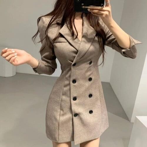 ZAWFL Notched Collar Woman Dress Apricot Double Breasted Slim Waist A-line Vestido Full-sleeve Gray Chic Autumn Dresses Female