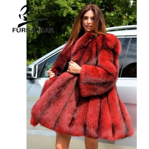 FURSARCAR 2021 Luxury Natural Real Fox Fur Women Coat Long Turn-Down Collar Winter Coat Female New Red Plus Size Fur Jacket
